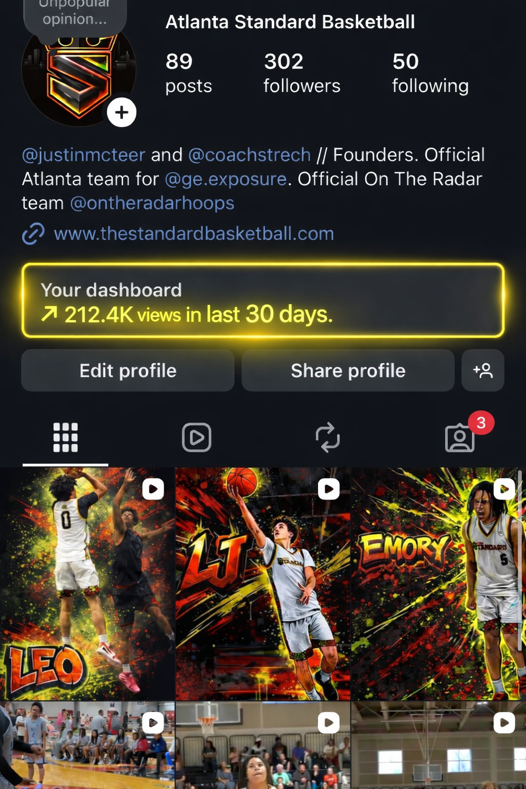 Atlanta Standard Basketball Instagram Profile showing 212.4K views in 30 days